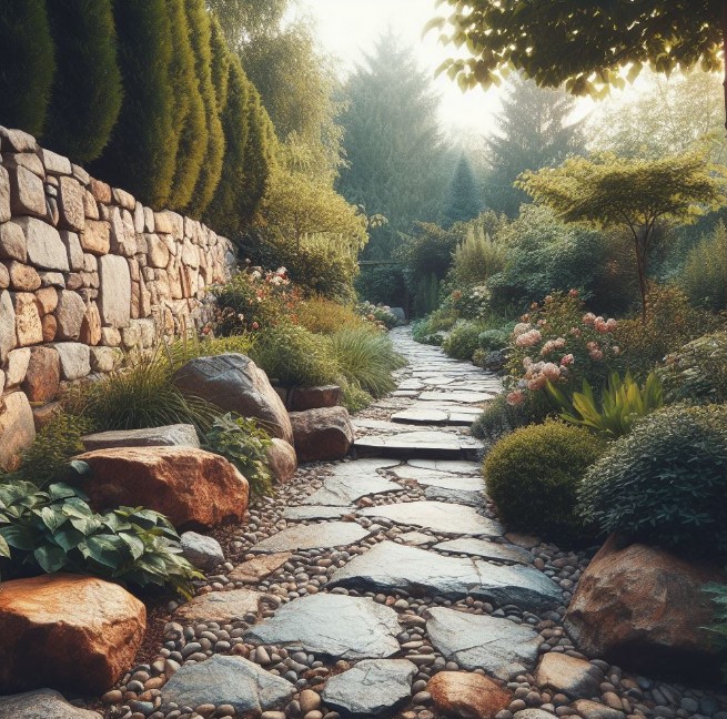 ścieżka zrobiona z płaskich kamieni biegnąca przez ogród