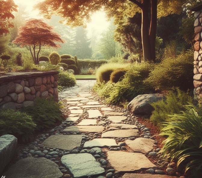 kamienna ścieżka ogrodowa biegnąca obok ceglanego murku i kamiennego muru